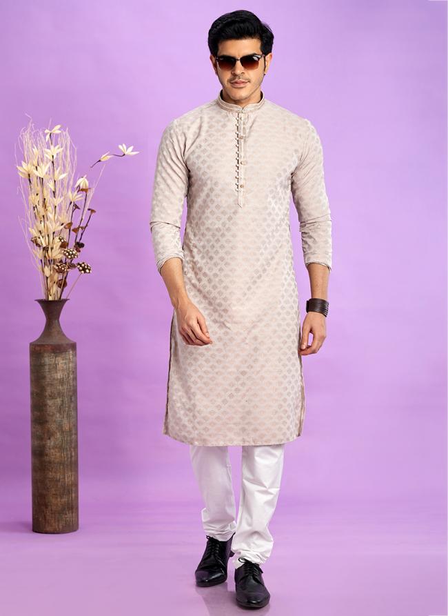 Art Silk Beige Festival Wear Jacquard Kurta Pajama